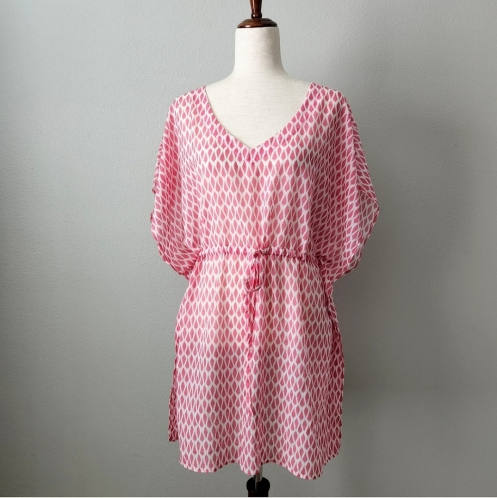 Talbots Pink & White Patterned Swim Coverup With Kimono Sleeves, Size Large